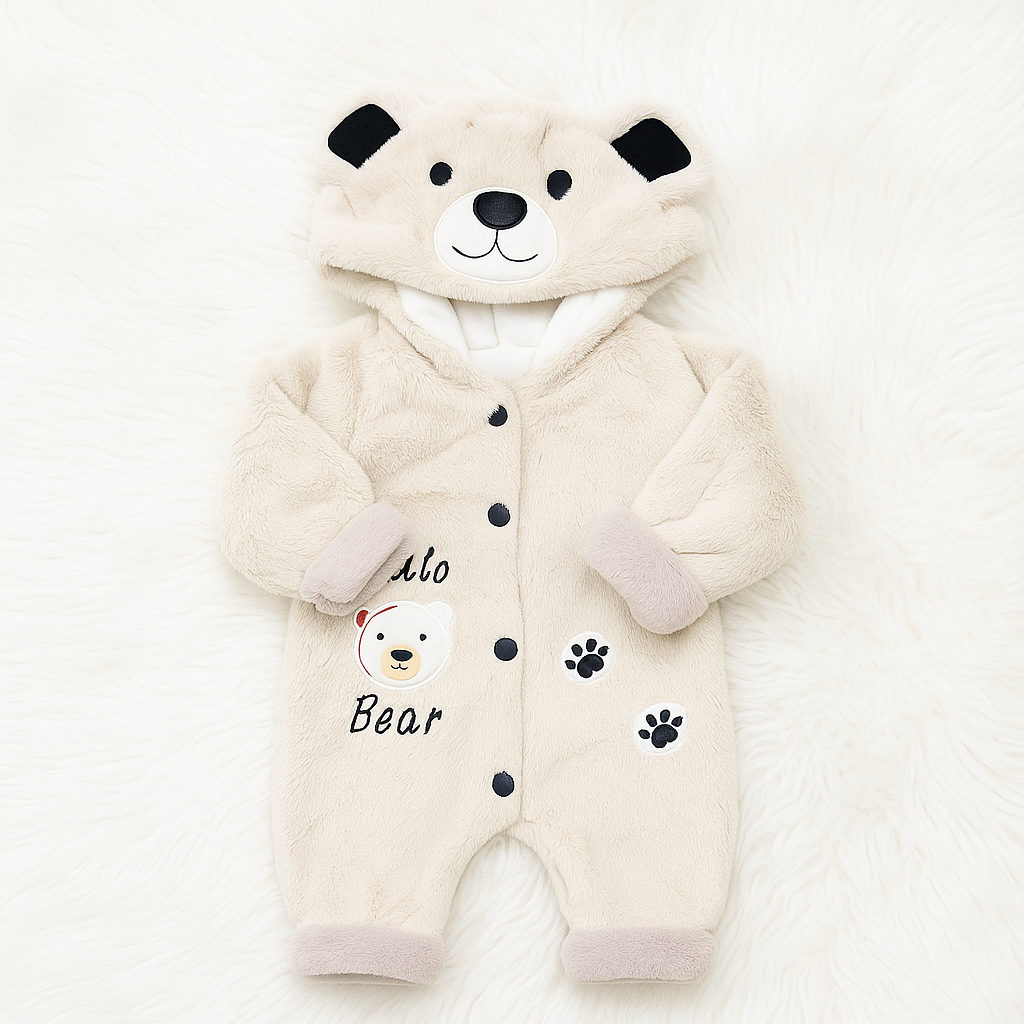 Hello Bear White Plush Fur Hooded Baby Romper