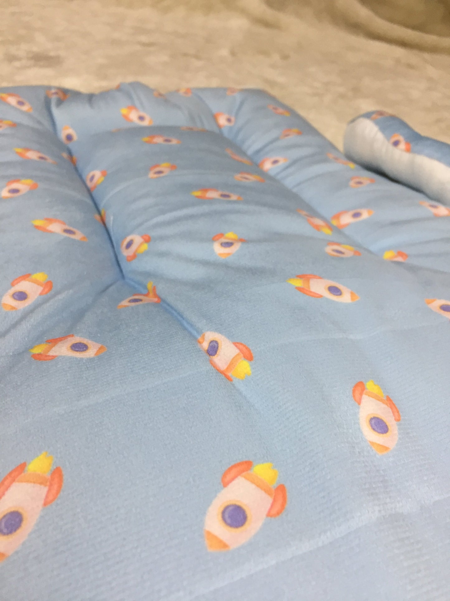 “It’s a Boy!” Rocket + Pillow Blue Velvet Newborn Carry Nest