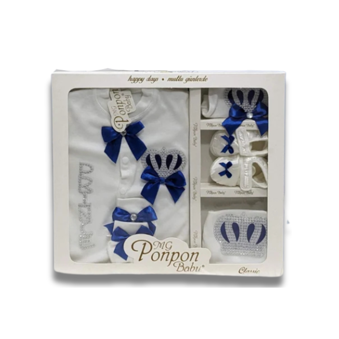 Royal Baby Set | Blue Crown-themed Newborn Outfit with Cap, Mittens, Shoes & Bib