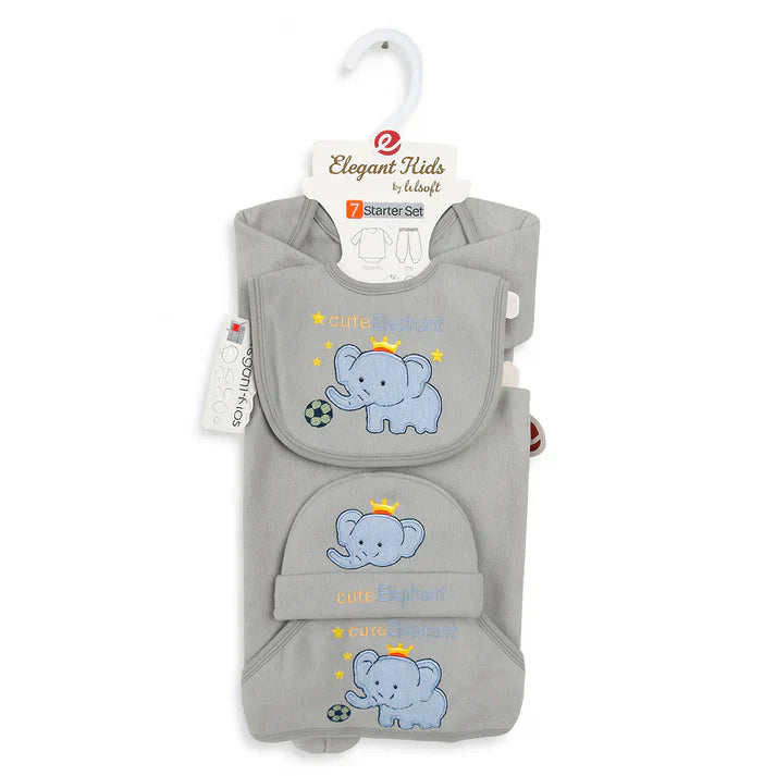 Newborn 7Pc Winter Elephant Grey Fleece Starter Set