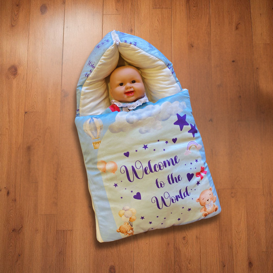 “Welcome to the World” + Pillow Blue Velvet Newborn Carry Nest