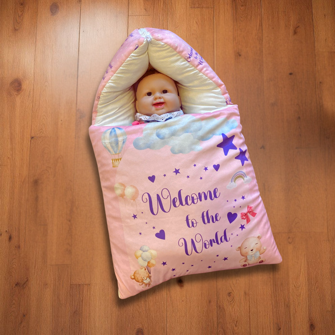 “Welcome to the World” + Pillow Pink Velvet Newborn Carry Nest