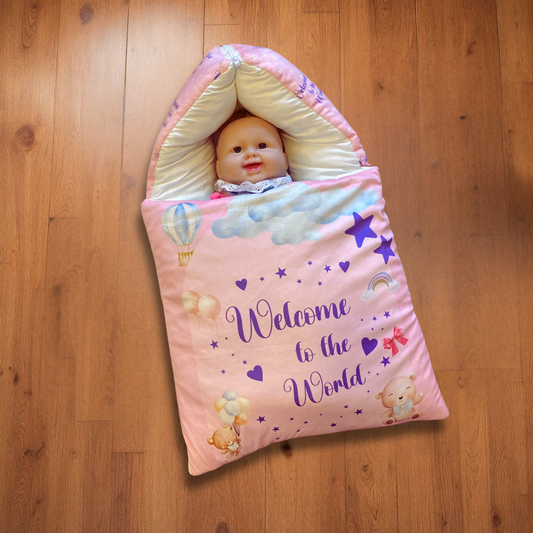 “Welcome to the World” + Pillow Pink Velvet Newborn Carry Nest