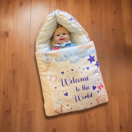 “Welcome to the World” + Pillow Peach Velvet Newborn Carry Nest
