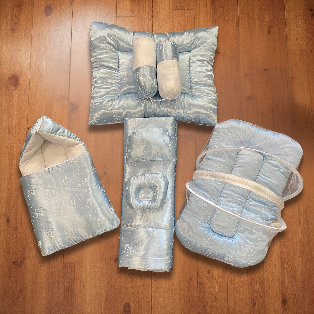 Dotted Blue Welcome to the World 8 Pc Silk  Bedding Set