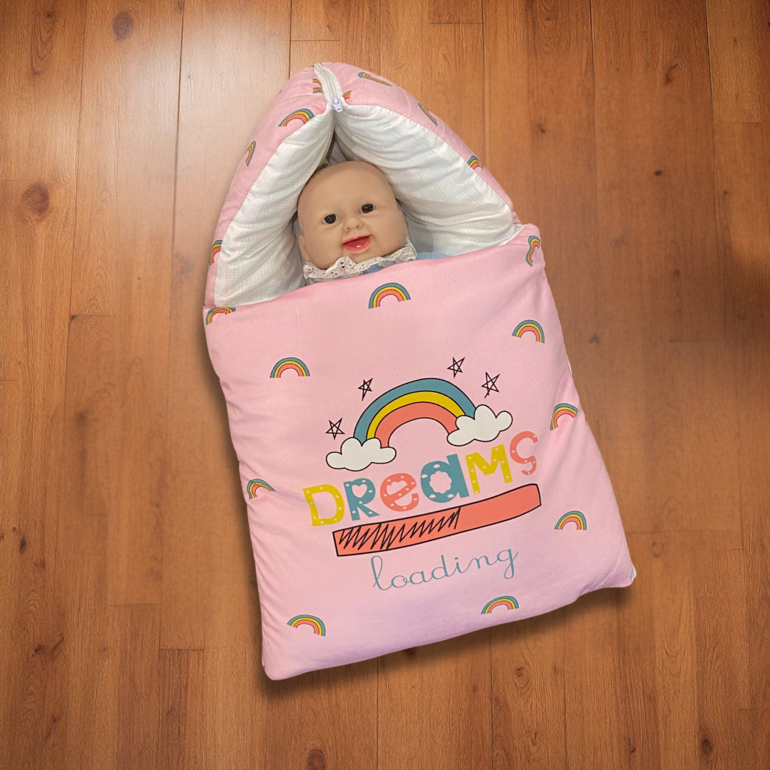 “Dreams Loading” + Pillow Pink Velvet Newborn Carry Nest