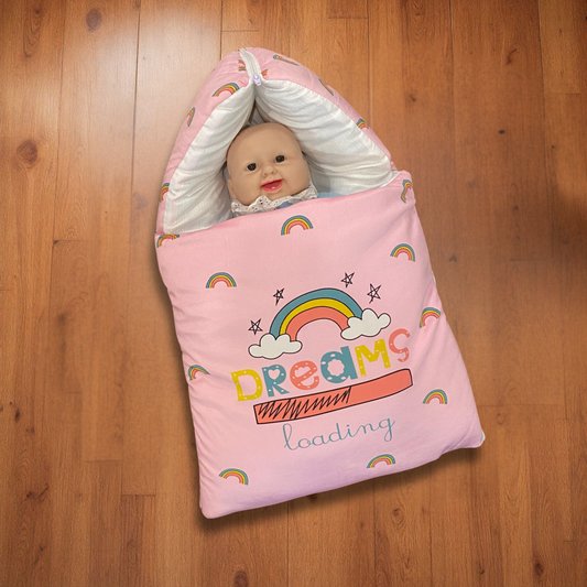 “Dreams Loading” + Pillow Pink Velvet Newborn Carry Nest