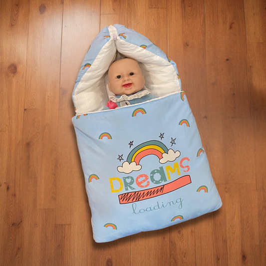 “Dreams Loading” + Pillow Blue Velvet Newborn Carry Nest