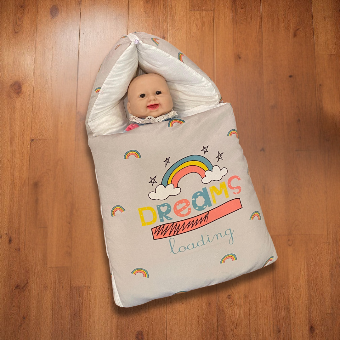 “Dreams Loading” + Pillow Beige Velvet Newborn Carry Nest