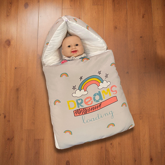 “Dreams Loading” + Pillow Beige Velvet Newborn Carry Nest