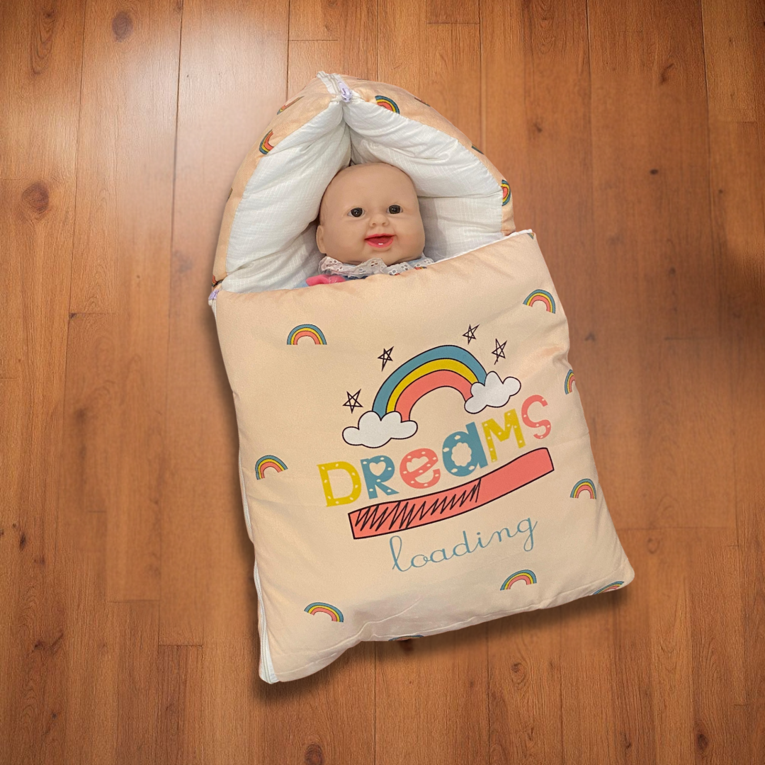 “Dreams Loading” + Pillow Peach Velvet Newborn Carry Nest