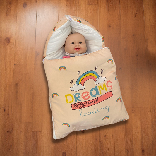 “Dreams Loading” + Pillow Peach Velvet Newborn Carry Nest