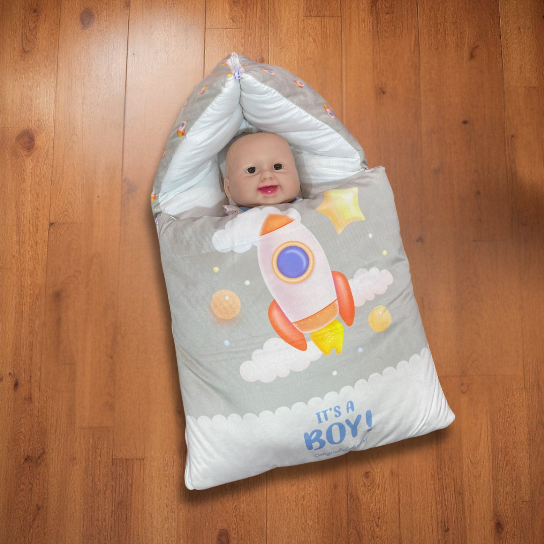 “It’s a Boy!” Rocket + Pillow  Grey Velvet Newborn Carry Nest