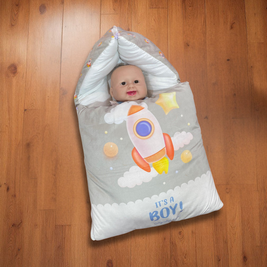 “It’s a Boy!” Rocket + Pillow  Grey Velvet Newborn Carry Nest