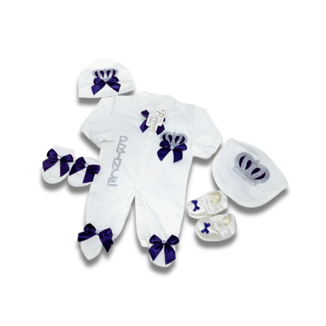 Royal Baby Set | Blue Crown-themed Newborn Outfit with Cap, Mittens, Shoes & Bib