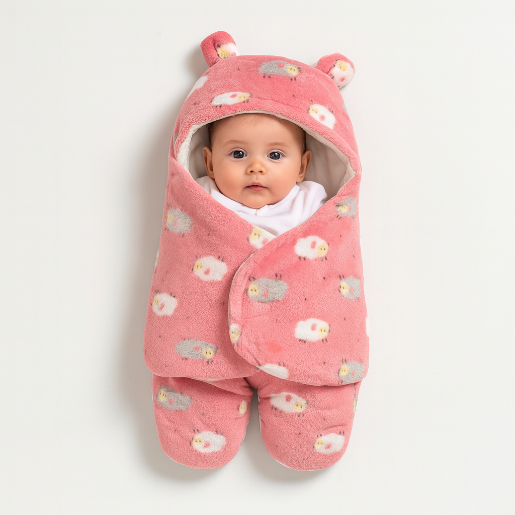 Cozy Pink Baby Swaddle | Hooded Fleece Winter Sleeping Bag (0–7M)