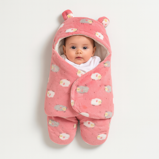 Cozy Pink Baby Swaddle | Hooded Fleece Winter Sleeping Bag (0–7M)