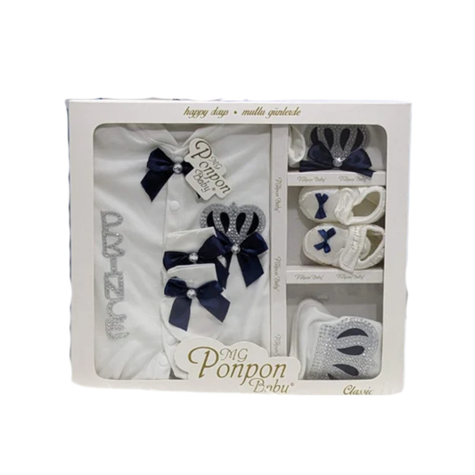 Royal Baby Set | Dark Blue Crown-themed Newborn Outfit with Cap, Mittens, Shoes & Bib