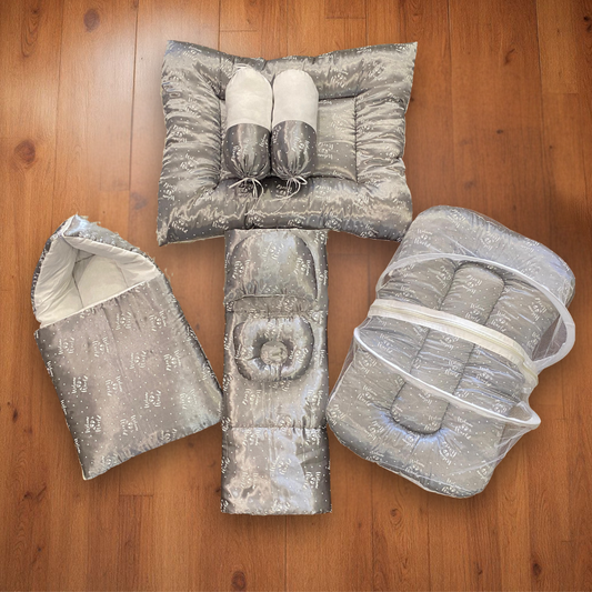 Dotted Grey Welcome to the World 8 Pc Silk  Bedding Set