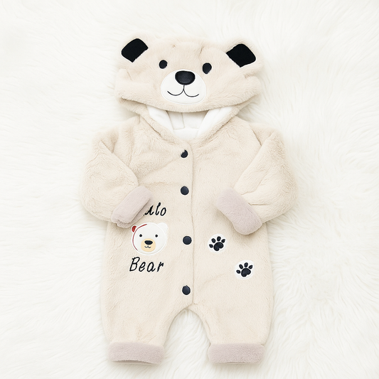 Hello Bear White Plush Fur Hooded Baby Romper