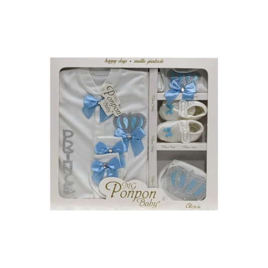 Royal Baby Set | Light  Blue Crown-themed Newborn Outfit with Cap, Mittens, Shoes & Bib