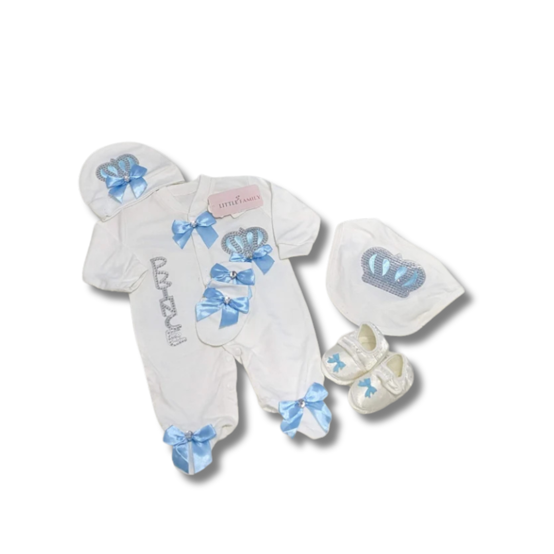 Royal Baby Set | Light  Blue Crown-themed Newborn Outfit with Cap, Mittens, Shoes & Bib