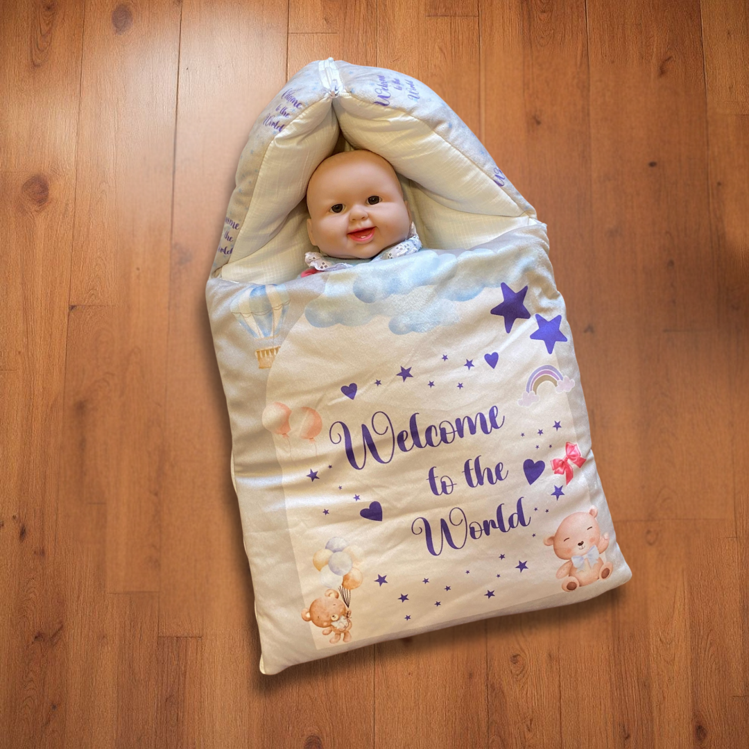 “Welcome to the World” + Pillow Light Blue  Velvet Newborn Carry Nest