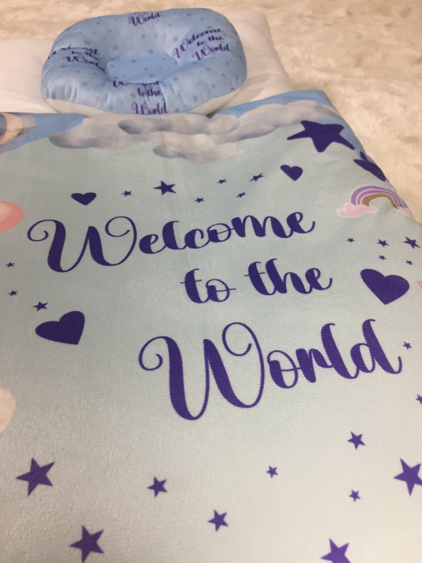 “Welcome to the World” + Pillow Peach Velvet Newborn Carry Nest