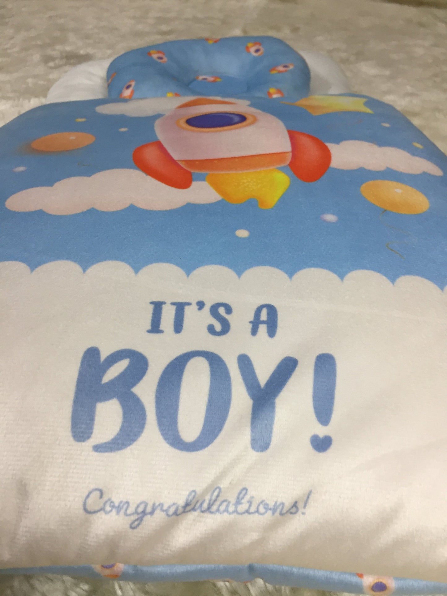 “It’s a Boy!” Rocket + Pillow  Blue Velvet Newborn Carry Nest