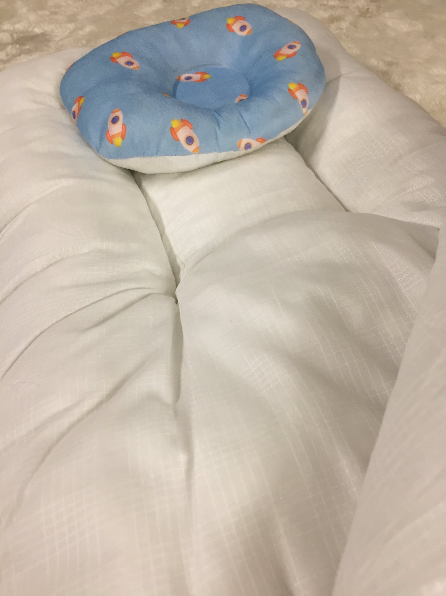 “It’s a Boy!” Rocket + Pillow  Blue Velvet Newborn Carry Nest