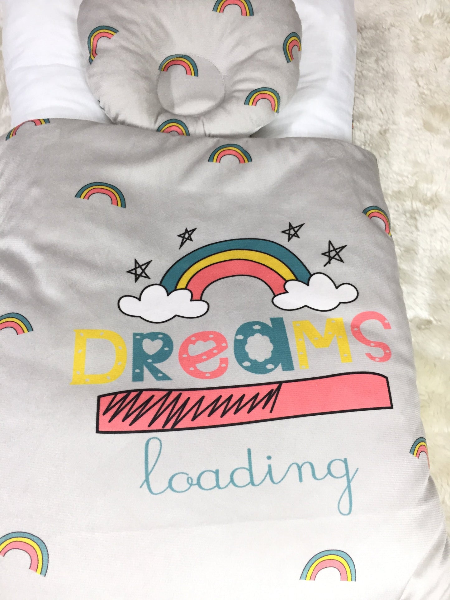 “Dreams Loading” + Pillow Blue Velvet Newborn Carry Nest