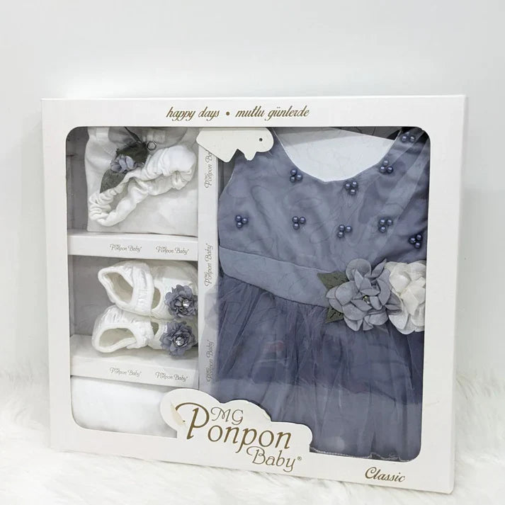 Elegant  Baby Frock Set with Shoes & Headband (0-6 Months)