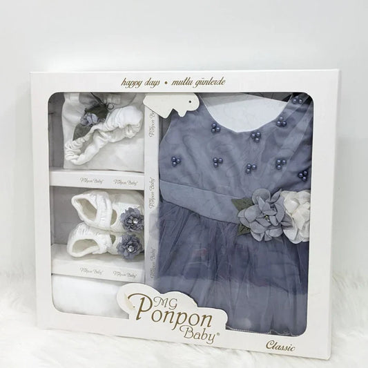 Elegant  Baby Frock Set with Shoes & Headband (0-6 Months)