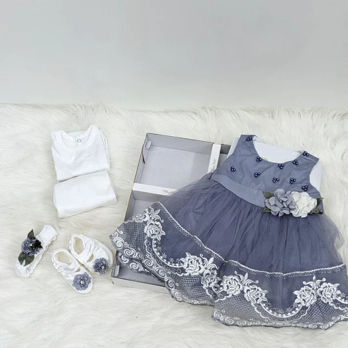 Elegant  Baby Frock Set with Shoes & Headband (0-6 Months)