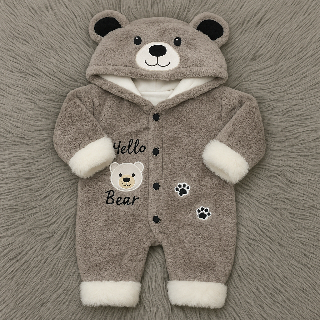 Hello Bear Grey Plush Fur Hooded Baby Romper