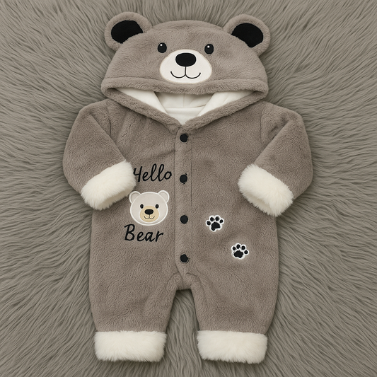 Hello Bear Grey Plush Fur Hooded Baby Romper