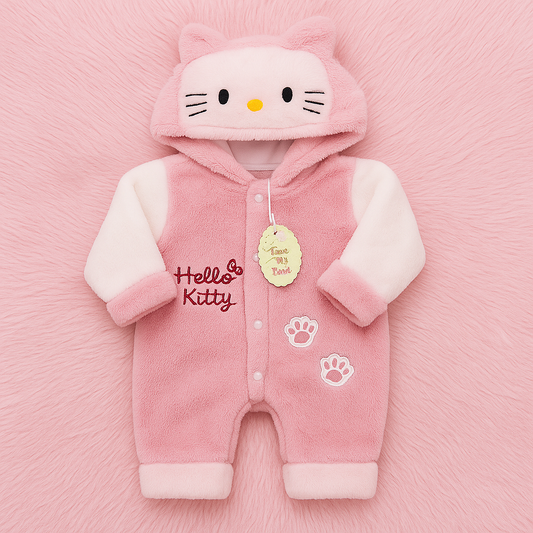 Hello Kitty Pink  Plush Fur Hooded  Baby Romper