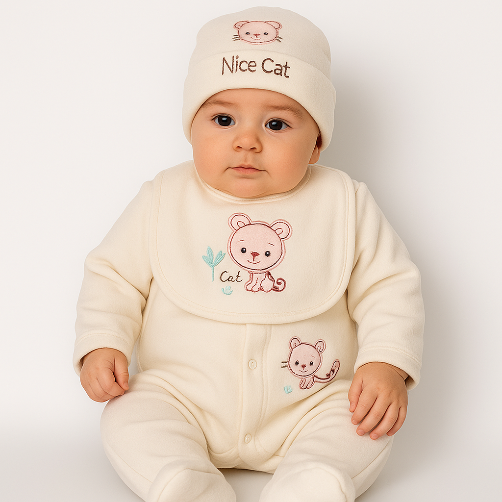 7-Piece Cute Cat Off white Fleece Winter Starter Set