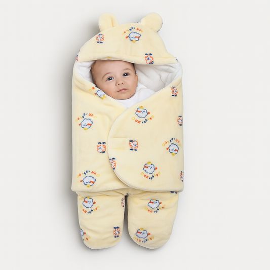 Yellow Hooded Baby Swaddle | Soft Fleece Winter Sleeping Bag (0–7M)