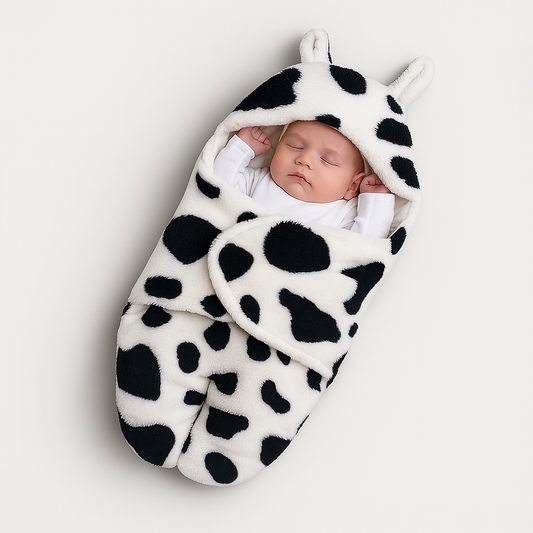 Cozy Cow Baby Swaddle | Hooded Fleece Winter Sleeping Bag (0–7M)