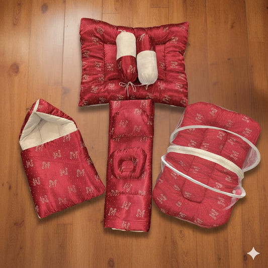 Dotted Red Welcome to the World 8 Pc Silk Bedding Set